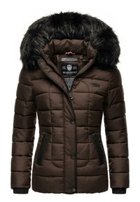 Brown padded winter jacket with a fur-trimmed hood, featuring snap buttons, side pockets, and ribbed cuffs, made from textured fabric.