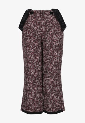 Pantalones de tiro alto y pierna ancha con estampado floral en burdeos oscuro con flores rosas y blancas, con tirantes negros ajustables con logotipos.