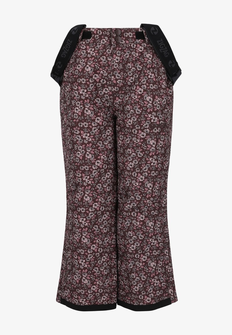 Pantalon taille haute à jambes larges, imprimé floral en bordeaux foncé avec des fleurs roses et blanches, doté de bretelles noires réglables avec logos.