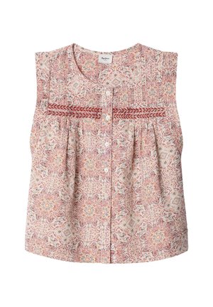 Mouwloze blouse met een ronde halslijn, knopen aan de voorkant, rood- en roze bloemenpatroon en een horizontale geborduurde band over de borst.