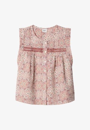 Blusa senza maniche con scollo tondo, chiusura con bottoni sul davanti, motivo floreale rosso e rosa, e fascia orizzontale ricamata sul petto.