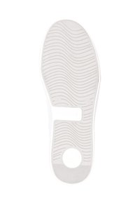 White rubber shoe sole with textured wavy pattern, featuring a circular logo and size indicator, smooth toe area, and flat heel.