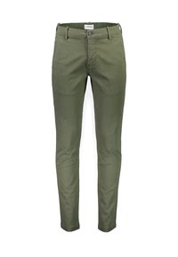 Olijfgroene chino's met een slim fit, gemaakt van zachte katoenen stof. Voorzien van een knoopsluiting en een standaard vijf-pocket ontwerp.