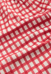 Rødt og hvidt ternet stof med en tekstureret, let krøllet overflade, der viser et gentaget ternet mønster.