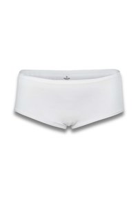 Mutande hipster in cotone bianco con una texture liscia, vita elastica e design minimalista. Senza motivi o accenti aggiuntivi.