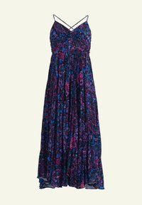 Maxi dress with thin straps, featuring a smocked bodice. Floral pattern in purple, blue, and black shades with a flowing, layered fabric.