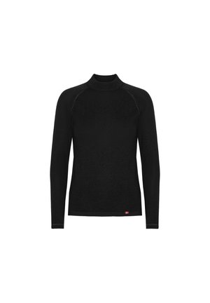 Černé termální tričko s dlouhým rukávem a vysokým límcem. Vyznačuje se hladkou, elastickou látkou a raglánovými rukávy. Na lemu je malý logový detail.