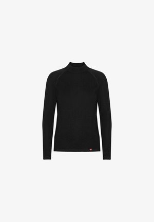 Black long-sleeve thermal top with a high neck. Features smooth, stretchy fabric and raglan sleeves. Includes a small logo accent at the hem.