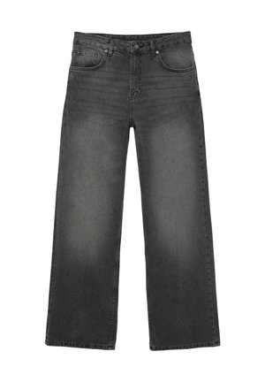 Čierne vyblednuté džínsy s širokými nohavicami, piatimi vreckami, zapínaním na gombík a pútkami na opasok, zobrazené na bielom pozadí.