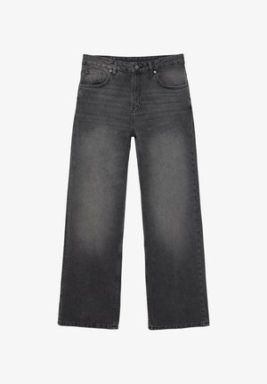 Čierne vyblednuté džínsy s širokými nohavicami, piatimi vreckami, zapínaním na gombík a pútkami na opasok, zobrazené na bielom pozadí.