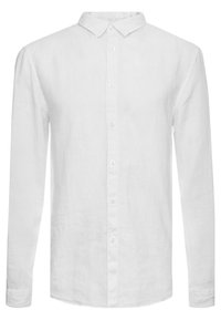 Witte lange mouwen blouse van linnen. Beschikt over een klassieke kraag, een knoopsluiting aan de voorkant en een effen textuur. Geschikt voor casual kleding.