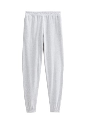 Pantaloni della tuta grigio chiaro realizzati in un tessuto morbido e elastico. Presentano una vita elasticizzata e polsini a gamba affusolata alla caviglia. Texture liscia.