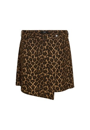 Mini-jupe asymétrique imprimé léopard marron et noir avec passants de ceinture et détail bouton sur le devant.
