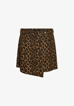 Asymetrická mini sukně s hnědočerným leopardím vzorem, s poutky na pásek a předním knoflíkovým detailem.