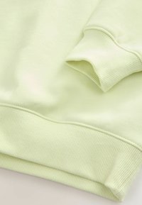 Sweat-shirt vert clair avec une texture lisse et douce ; poignets et ourlet côtelés ; détail de couture visible. Design avec col et coupe ajustée.