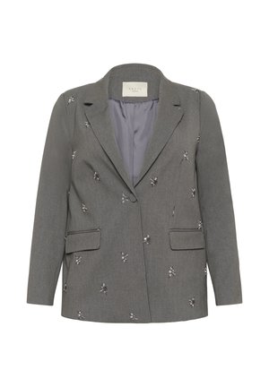 Grijze blazer met een getailleerde pasvorm, versierd met bloemenborduursels, twee voorzakken en een notch-kraag. Gevoerde binnenkant zichtbaar.