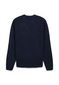 Marineblauer gestrickter Pullover mit langen Ärmeln, Rundhalsausschnitt und fester Textur; gerade Passform mit Seitenschlitzen am Saum.