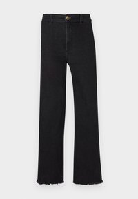 Jeans en denim noir avec une coupe droite, taille haute et ourlet effiloché. Avec une fermeture à bouton à l'avant et des passants de ceinture. Design épuré et minimaliste.