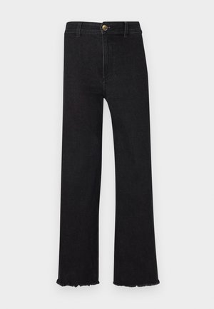 Black denim jeans with a straight leg, high waist, and frayed hem. Features a front button closure and belt loops. Clean, minimalist design.