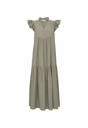 Heleoliivroheline maksikleita volangidega lühikeste varrukatega, V-kaelusega, kogutud vöökohaga ja astmelise lühtriikse pikk seelikuga.