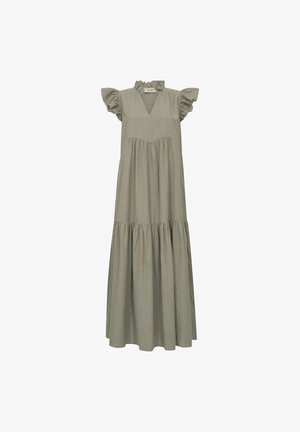 Heleoliivroheline maksikleita volangidega lühikeste varrukatega, V-kaelusega, kogutud vöökohaga ja astmelise lühtriikse pikk seelikuga.