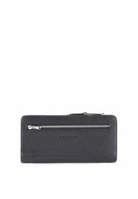 Portafoglio in pelle nera con una tasca con zip sul fronte, forma rettangolare elegante e design piatto. Branding minimalista in rilievo sul davanti.