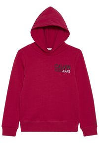 Rote Kapuzenjacke mit langen Ärmeln und dem auf der oberen linken Brust bedruckten "Calvin Klein Jeans"-Logo. Bündchen und Saum gerippt.