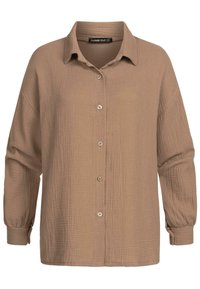 Camicia button-up marrone chiaro realizzata in tessuto testurizzato; presenta un colletto a punta e maniche lunghe con polsini abbottonati.