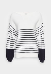 Weißer Pullover mit marineblauen horizontalen Streifen. Verfügt über einen lockeren Schnitt, weiten Halsausschnitt und kontrastierende einfarbige marineblaue Ärmel. Weicher Strickstoff.