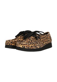 Leopard print suede shoes with black laces, low profile, rounded toe, and textured surface, featuring a black rubber sole for grip.