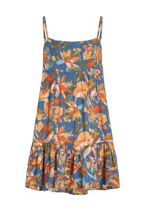 Vestido de verano floral con tirantes spaghetti, presenta un fondo azul y vibrantes patrones de flores en naranja, verde y rosa. Dobladillo con volantes.