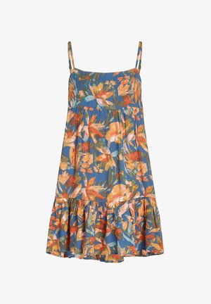 Floral sundress with spaghetti straps, featuring a blue background and vibrant orange, green, and pink floral patterns. Ruffled hemline.