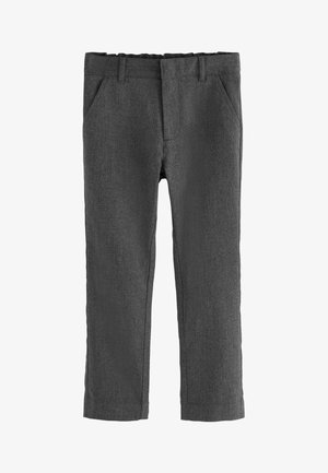 Pantalon gris fabriqué en tissu texturé, avec une coupe droite, deux poches avant et une ceinture avec passants pour une ceinture.