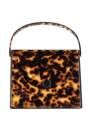 Nelikulmainen käsilaukku kilpikonnakuviolla ja mustalla pyöreällä lukolla, jossa leveä kahva päällä.