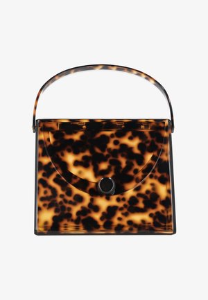 Firkanthåndtaske med skildpaddepatron og sort rundt spænde, med en bred hank på toppen.