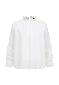 Weiße Bluse mit langen Ärmeln aus transparentem, gepunktetem Stoff, Spitzenhohlsaum am hohen Kragen, Spitzenbesatz an den Schultern und gerafften Manschetten.