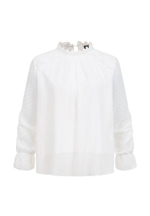 Weiße Bluse mit langen Ärmeln aus transparentem, gepunktetem Stoff, Spitzenhohlsaum am hohen Kragen, Spitzenbesatz an den Schultern und gerafften Manschetten.