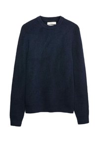 Jersey de punto azul marino con cuello redondo, mangas largas y detalles acanalados en el cuello y los puños. Textura suave, corte clásico.