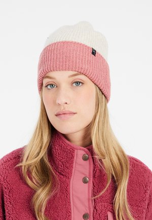 Berretto in maglia color beige e rosa con una texture a coste. Presenta una fascia rosa e un piccolo etichetta del brand sul lato. Design morbido e caldo.