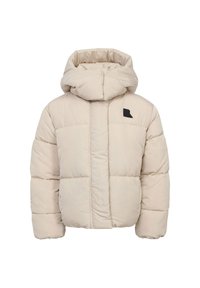 Beige gewatteerde jas met een hoge kraag en afneembare capuchon, met een gestikt ontwerp, een ritssluiting aan de voorkant en een klein zwart logo op de borst.