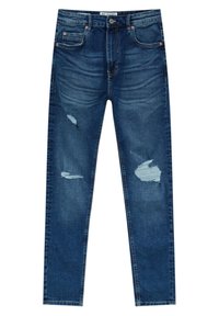 Modré džínové kalhoty slim fit s odranými místy na kolenou, světle prané, s pěti kapsami a klasickým zapínáním na knoflík.