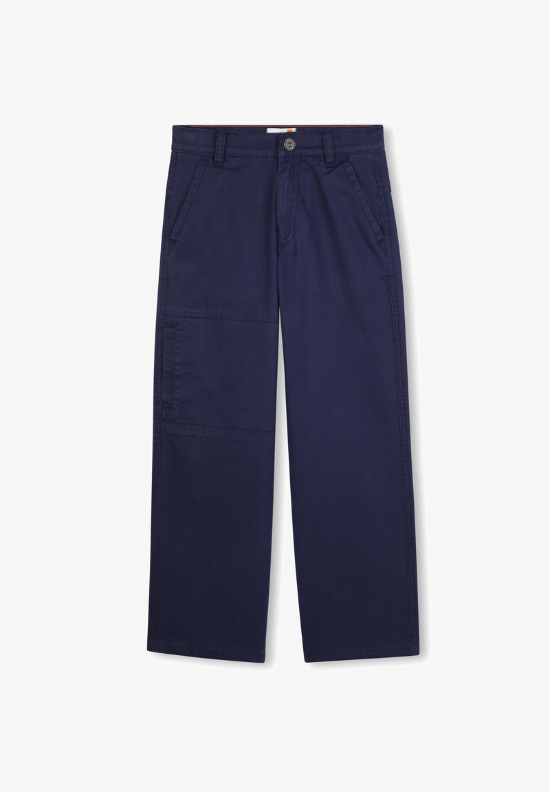 Marineblauwe broeken van katoen, met een knoopsluiting, twee opgestikte voorzakken en een zijcargo zak voor extra functionaliteit.