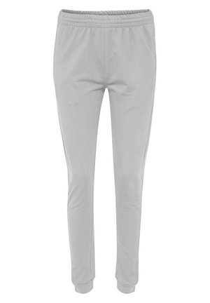 Pantaloni jogger grigi realizzati in tessuto morbido; presentano una vita elasticizzata, gambe affusolate e orli a costine per un look aderente.