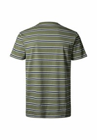 Camiseta a rayas verdes con rayas horizontales en navy y blanco. Mangas cortas, escote redondo y textura suave de algodón.