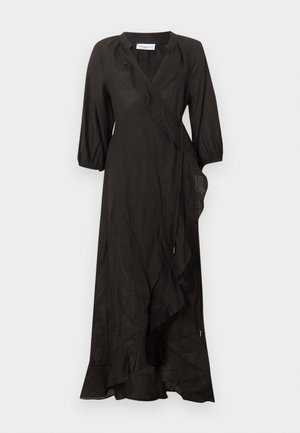 Must pikkade varrukatega mähkmekleit V-kaelusega, ees ja hemil rüüsidega ning elastsete varrukakäppadega.