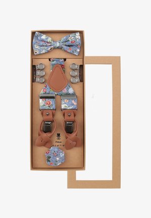 Floral patterned suspenders with brown leather accents and silver clips, accompanied by a matching bow tie, presented in a cardboard box.