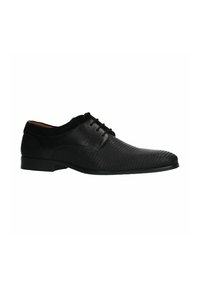 Chaussure habillée en cuir noir avec une surface texturée, des accents lisses, un bout rond et un laçage, avec un talon bas et des détails de couture subtils.