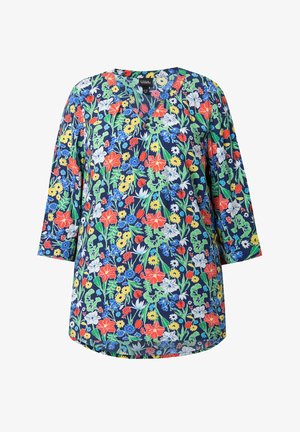 Laivastonsininen pusero, jossa on 3/4-hihat ja kirkas kukkakuosi punaisena, keltaisena, valkoisena ja sinisenä, pyöreällä pääntiellä ja napilliset yksityiskohdat.