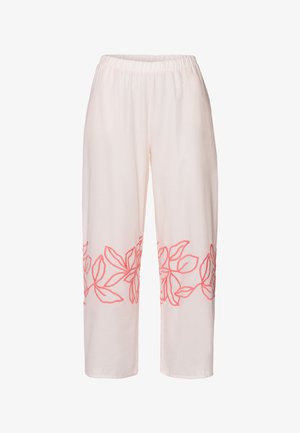 Lyserøde bukser med elastisk talje, prydet med koralfarvede bladdesigns langs den nederste kant. Fremstillet af et blødt, letvægtsstof.