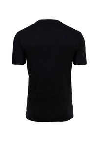 Black short-sleeve t-shirt made of cotton, featuring a crew neck and a plain design with no visible logos or patterns on the back.